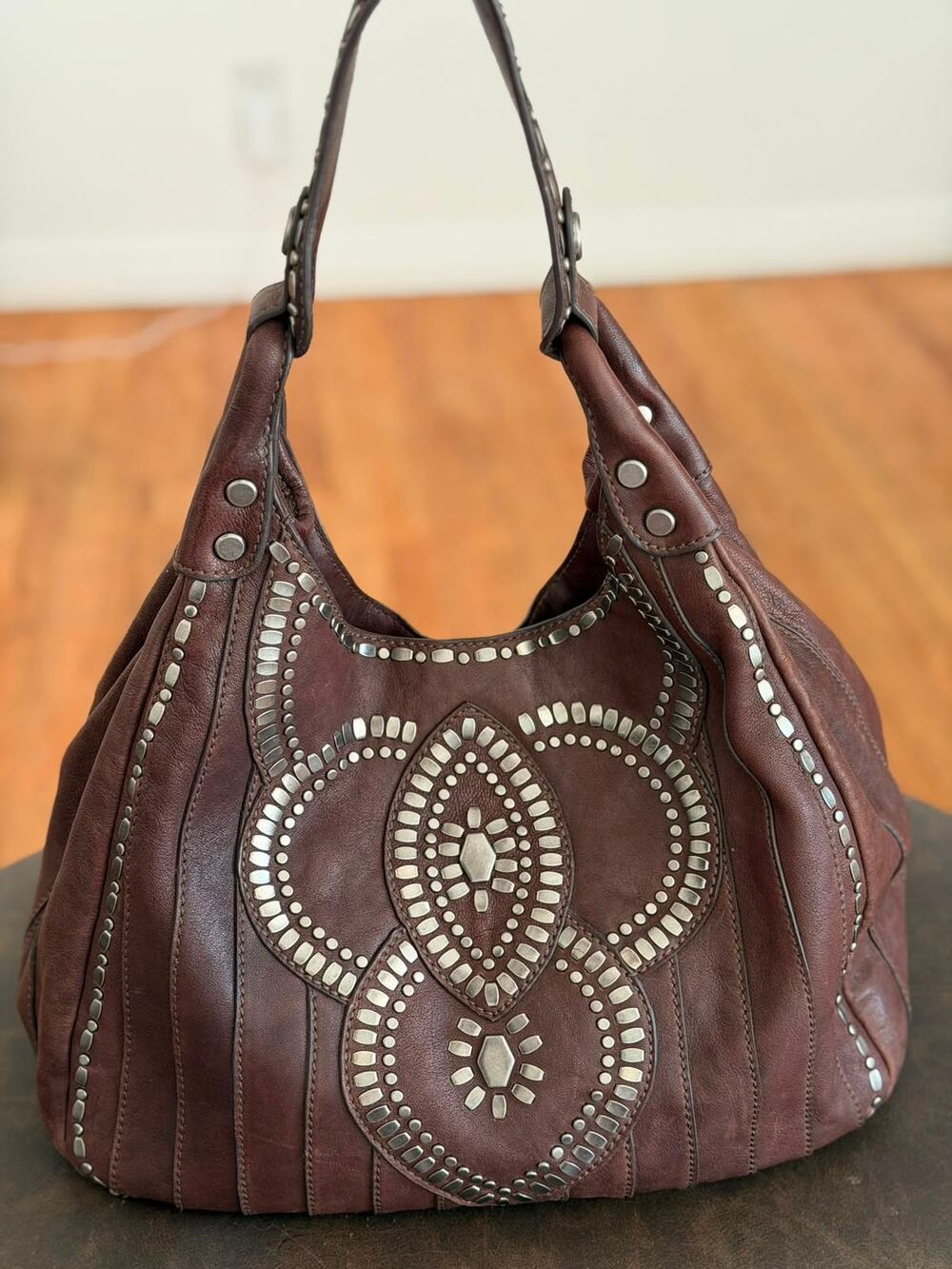 Lockheart Mumbai Nellie Espresso Brown Leather Studded Hobo Shoulder Bag